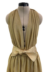 Fantastic Fall 1980 Bill Tice Metallic Gold Halter Front Backless Dress w Top Stiched Tie Belt & Front Slit