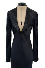 Fall 2007 Alexander McQueen Black Bias Cut Hammered Silk Dress w Beaded Collar