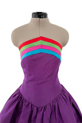 Fall 1982 Valentino by the Original Mr Valentino Purple Silk Strapless BubbleDress w Rainbow Detailing