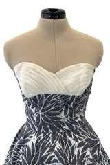 Amazing 1950s Fred Perlberg Hand Painted Silver & Gray Strapless Dress w Pleated Shelf Bust