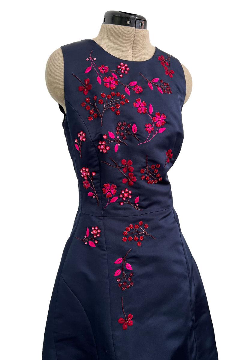 c2014 Christian Dior by Raf Simons Blue Silk Faille Dress w Pink Floral Embroidery & Beads