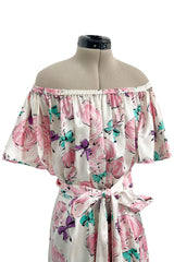 Dreamy Spring 1987 Yves Saint Laurent Off Shoulder Pink Feather & Bow Print Silk Dress