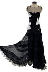 Beautiful Fall 2005 John Galliano Bias Cut Black Silk Dress w Hand Applied Silk Flowers