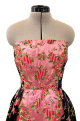 Dreamy 1960s Unlabeled Strapless Black Dress w Front Pink Panel & Floral Embroidery