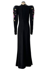Prettiest 1920s Hickson Inc. Black Moss Crepe Dress w Tie Neck & Hand Sequinned Sleeves