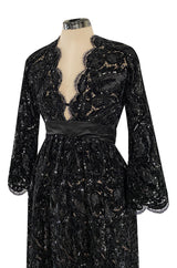 Incredible Fall 1970 Donald Brooks Runway Black Chenille & Sequin Net Lace Dress w Plunge Front