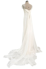 Vintage Valentino White Silk Wedding Dress w Elaborate Trains, Pleating & Extensive Beading Detail