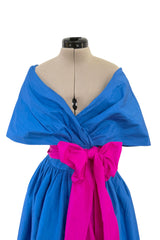 Prettiest 1980s Adele Simpson Blue Silk Plunge Wrap Dress w Brilliant Pink Sash & Caped Shoulders