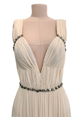 Incredible Fall 2007 Roberto Cavalli Ivory Pleated Silk Jersey Dress w Front Plunge & Rhinestones