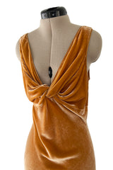 Magical Fall 2005 John Galliano Deep Golden Coloured Bias Cut Velvet Dress w Front Knot Detail
