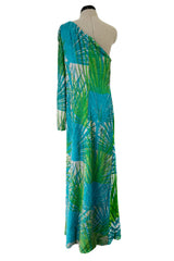 Phenomenal c.1972 La Mendola Hand Beaded Green Printed Caped One Shoulder Silk Jumpsuit