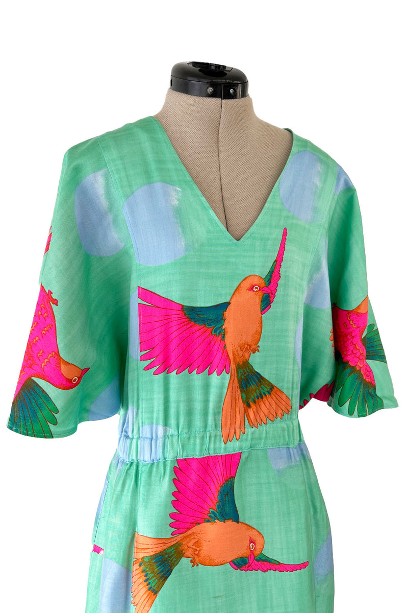 Prettiest 1970s Hanae Mori Green & Tropical Bird Printed Caftan Dress w Curved Sleeves