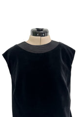 Minimalist 1960s Pierre Cardin Black Cotton Velvet Mod Shift Dress w Grosgrain Detailing