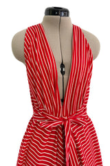 Chic & Minimalist Resort 1974 Halston Vogue Documented Red & White Striped Cotton Plunge Dress Dress