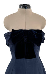 Incredible 1980s Hubert de Givenchy Haute Couture Strapless Blue Matte Silk Dress w Velvet Bow Detailing