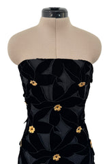 Spectacular 1980s Hubert de Givenchy Haute Couture Velvet Floral Cut Out Dress w Gold Metal Flowers
