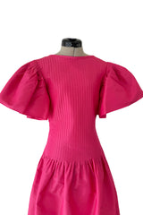 Prettiest 1980s Pierre Cardin Bright Pink Dress w Puff Sleeves & Flat Pleating