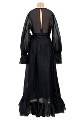 Prettiest 1970s Bill Blass Black Silk Organza Dress w Extensive Ruffle Detailing & Full Puff Sleeves