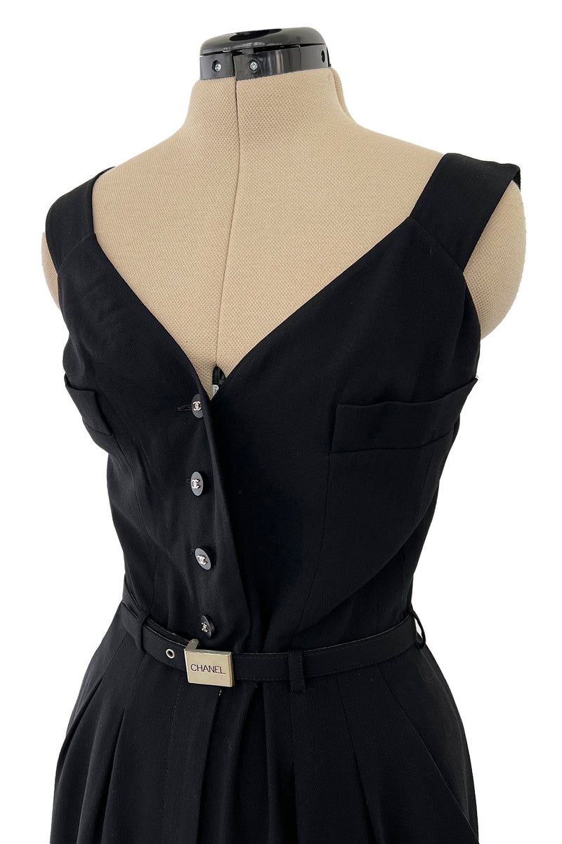 Striking Spring 1996 Chanel by Karl Lagerfeld Black Fitted Dress w Pockets Chanel Buttons & Belt