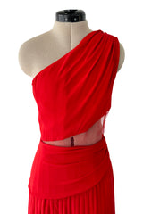 Fantastic 1980s Valentino Red Silk One Shoulder Dress w Net Inset & Finely Pleated Ruffled Skirt