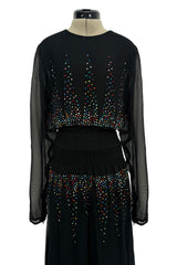 Spectacular 1970s Givenchy by Hubert de Givenchy Black Chiffon Dress w Colored Rhinestones