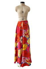 Fabulous 1970s Hanae Mori Bright Floral Print Jersey Pant & Top Set w Beading