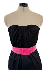 Fabulous 2008 Alexander McQueen Strapless Black Silk Dress w Vibrant Pink Patent Leather Belt
