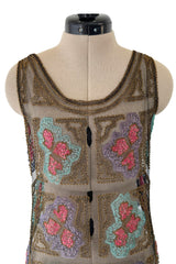 Intricate 1920s Unlabeled Gold Metallic Lame Thread & Sequin on Black Silk Net Flapper Dress