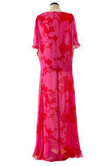 Dreamiest 1990s Yves Saint Laurent Oversized Floral Print Pink & Red Silk Chiffon Caftan Dress