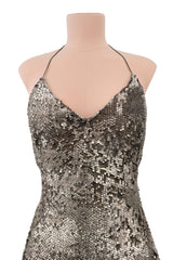 Fall 2015 Ralph Lauren Purple Label Runway Finale Look 43 Bronze Sequin Halter Dress w Open Back