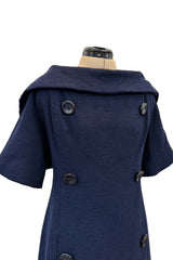Late 1950s Christian Dior London by Marc Bohan Numbered Blue Shift Dress w Button Detailing