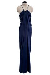 1976 Yuki by Gnyuki Torimaru Deep Blue Jersey Draped Halter Dress w its Matching Jersey Jacket