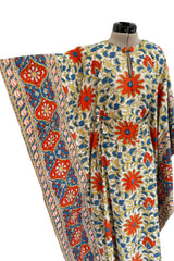 Prettiest 1960s Hand Block Printed Coral Blue & Ivory 100% Cotton Full Caftan w Front Belt