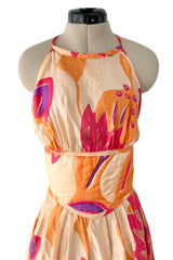 Amazing Late 1970s Bill Tice Printed Tissue Silk Backless Jumpsuit w Balloon Pouf Legs