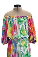 Prettiest 1970s Leonard Washed Floral Pastel Print Silk JerseyEasy -to-Wear Elastic Off Shoulder Dress