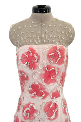 Dreamy 2000s Oscar de la Renta Pink Net & Floral Silk Dress w Bead & Flower Sequin Detailing
