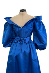Wonderful 1980s Dan Werle Brillant Blue Silk Dress w Ruffled Off Shoulder Neckline