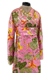 Stunning Fall 1970 Bill Blass Pink Quilted Silk Floral Pattern Metallic Dress w Banded Waist
