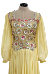 Incredible 1960s Tiziani Couture by Karl Lagerfeld Yellow Silk Chiffon Dress w Elaborate Beading
