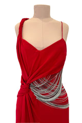 Fabulous 2000s Versace by Donatella Red Crepe Dress w Rhinestone & Silver Chain Detailing