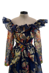 Prettiest 1960s Oscar de la Renta Metallic Thread Detailed Silk Organza Printed Off Shoulder Dress
