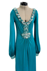 Stunning Spring 1971 Loris Azzaro Deep Turquoise Silk Jersey Dress w Densely Beaded Plunging Front Detail