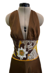 Phenomenal Spring 2005 Original Valentino Runway Look 56 Brown Yellow Floral Print Halter Dress w Sequin Waist Band