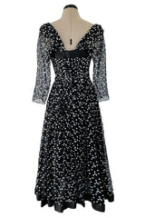 Prettiest Fall 1979 Christian Dior by Marc Bohan Black Silk Lace Net Dress w White Sequins & Bows