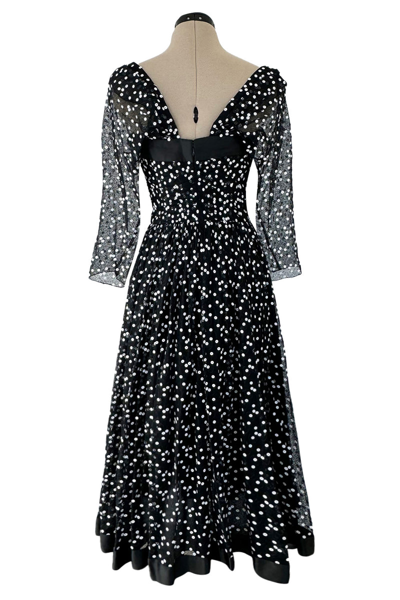 Prettiest Fall 1979 Christian Dior by Marc Bohan Black Silk Lace Net Dress w White  Sequins & Bows