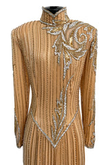 Incredible 1980s Bob Mackie Beaded, Sequin & Rhinestone Detailed Peach Silk Dress
