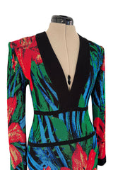 Stunning 2010s Balmain by Olivier Rousteing Huge Floral Print Front Plunge Knit Mini Dress