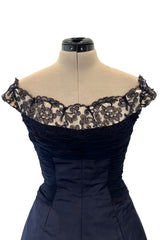 Elegant 1950s Jobere New York Deep Blue Silk & Silk Chiffon Dress w Lace Detailing