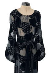 Fantastic Early 1970s Miss Dior Black Silk Velvet Fused Onto Black Transparent Silk Chiffon Dress