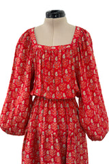Prettiest 1970s Hanae Mori Red Print Light Silk Dress w Full Balloon Sleeves & Tiered Skirt